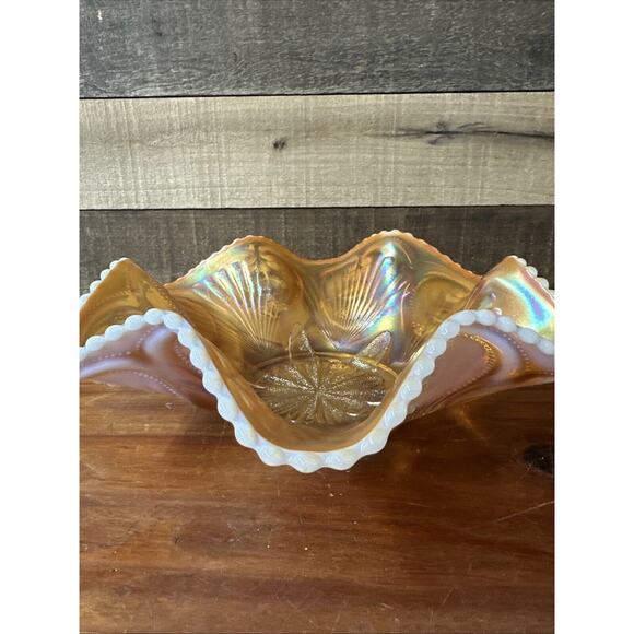 Dugan Victor Petal & Fan Pattern Beaded Ruffled Edge Orange Opalescent Bowl - Picture 4 of 8